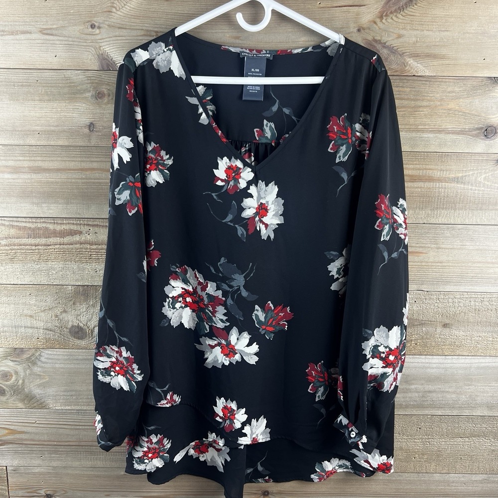 Chelsea & Theodore Womens Shirt Long Sleeve Vneck Floral Tunic Boho Size‎ XL